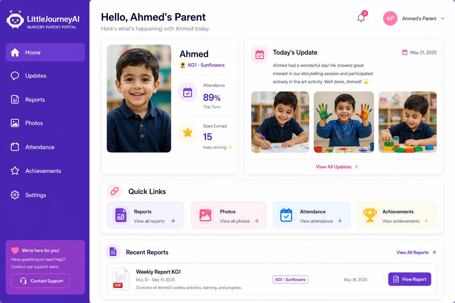 Espace parents affichant le profil de l'enfant, les mises à jour et les photos